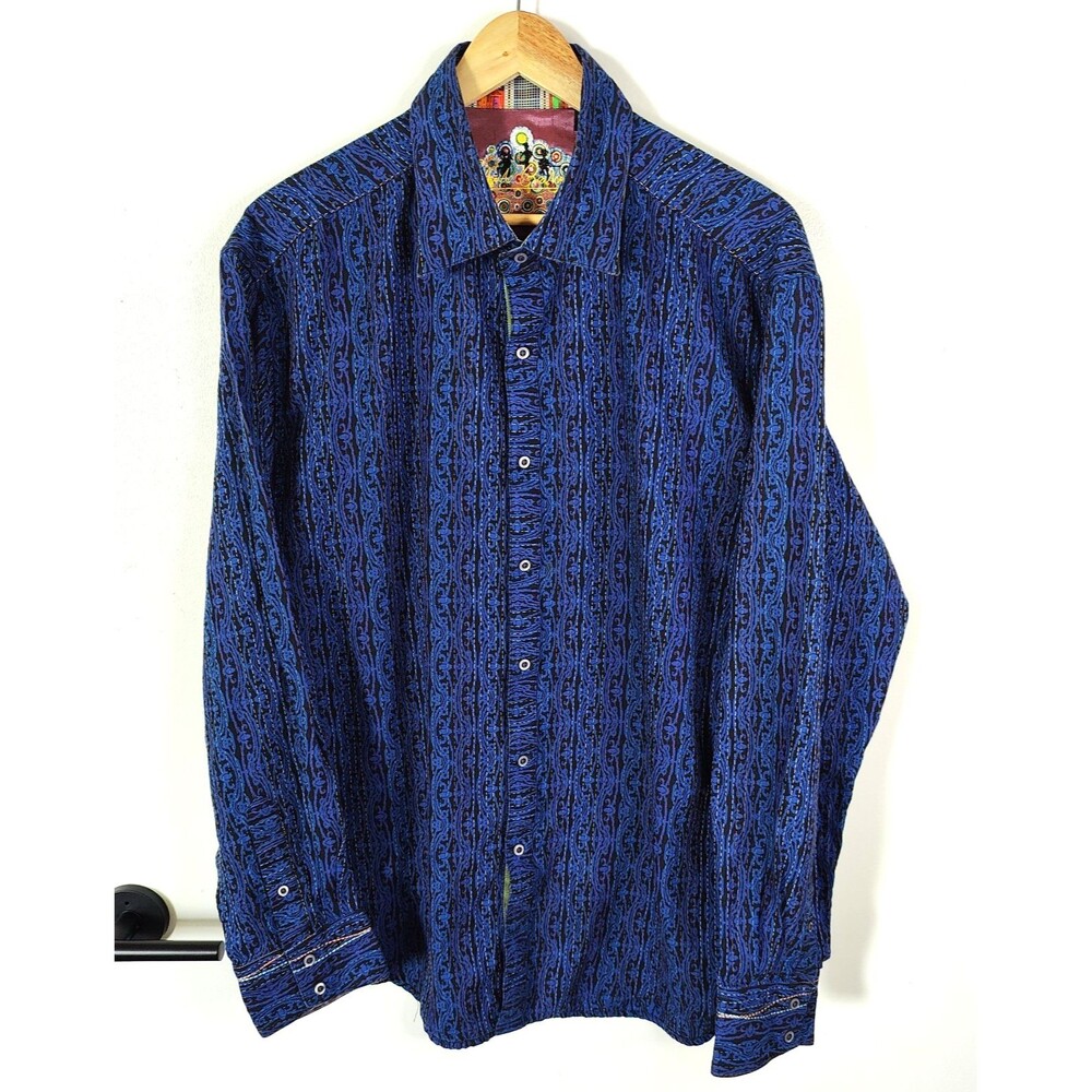 Robert Graham Silk Blend Woven Geometric Blue Shirt Mens Size XL